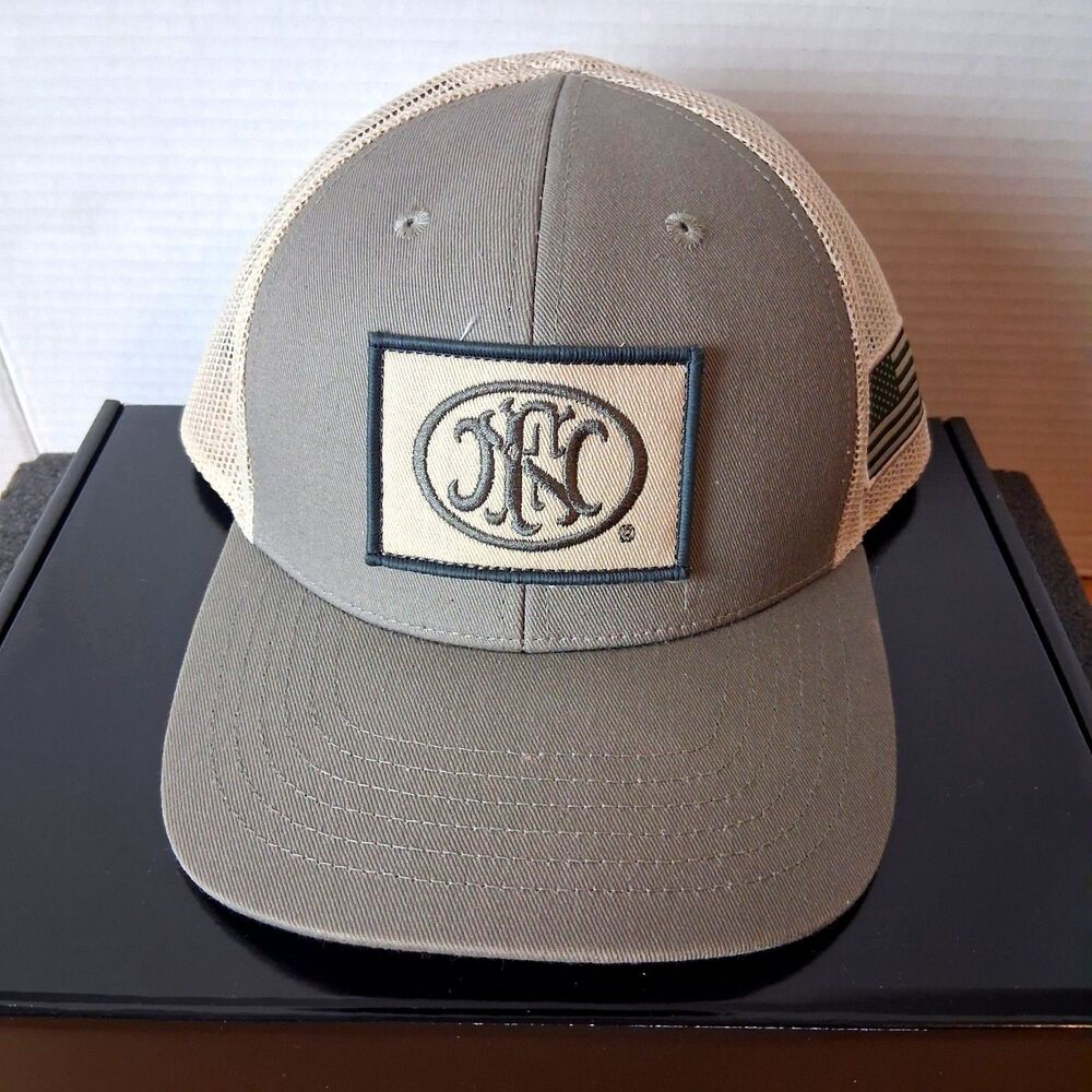 FN Herstal Hat Gray Mesh Trucker Snapback Baseball Cap Promo Firearms USA Patch